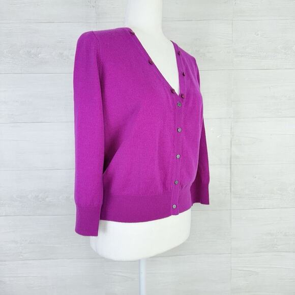 Milly Merino Wool Cardigan Sweater Women Medium Bright Pink Preppy V Neck Studs - Picture 11 of 12